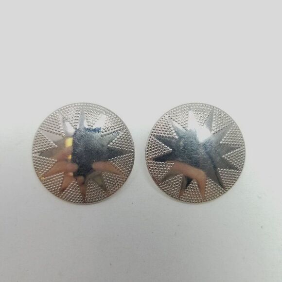 Vintage Silver Tone Starburst Design Stud Earrings, Round Shape, Retro 80s Style - Picture 2 of 6